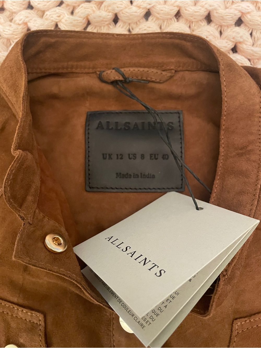 All Saints Rock Grandad-Collar Long-Sleeve Suede Shacket in Brown. US Size 8. NW - Picture 7 of 7